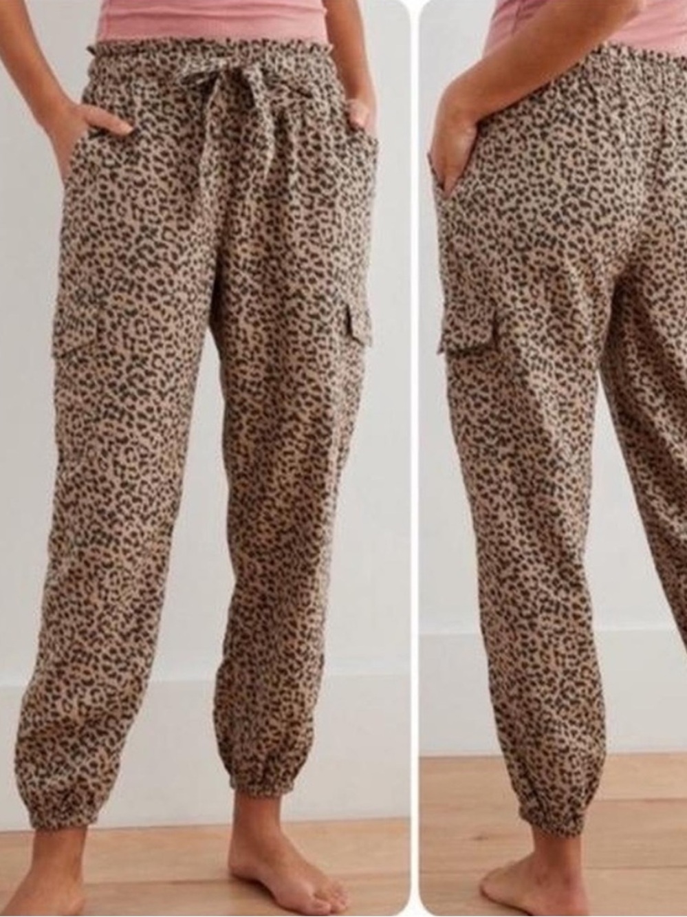 Aerie linen blend leopard cheetah animal print cargo jogger pans medium